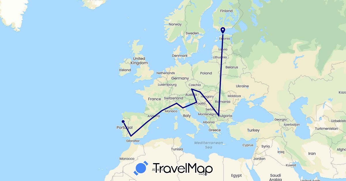 TravelMap itinerary: driving in Bulgaria, Czech Republic, Estonia, Spain, France, Croatia, Italy, Portugal, Slovakia (Europe)